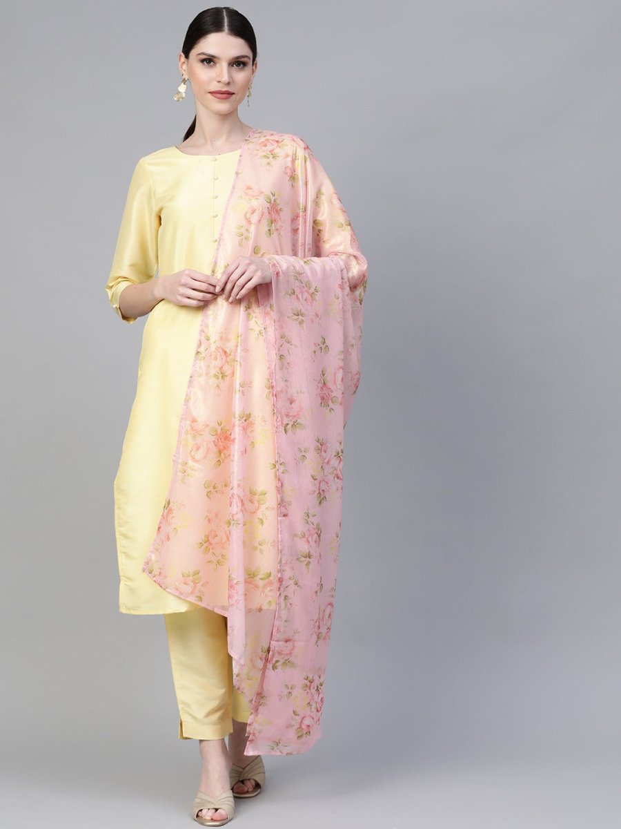 Ahalyaa Yellow & Pink Solid Kurta with Trousers & Floral Dupatta | Swadesiicart