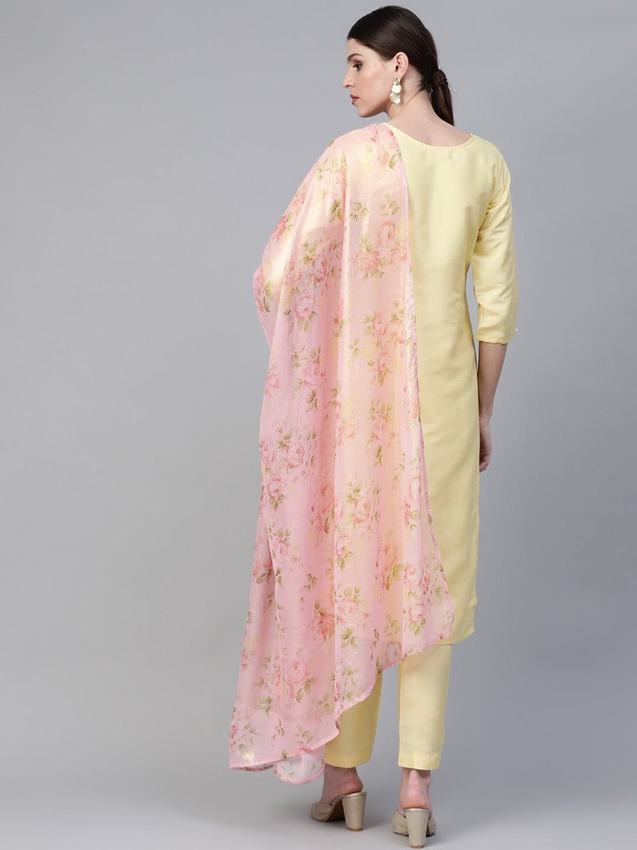 Ahalyaa Yellow & Pink Solid Kurta with Trousers & Floral Dupatta | Swadesiicart
