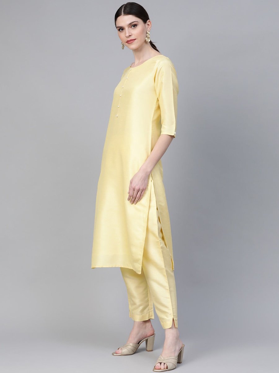 Ahalyaa Yellow & Pink Solid Kurta with Trousers & Floral Dupatta | Swadesiicart