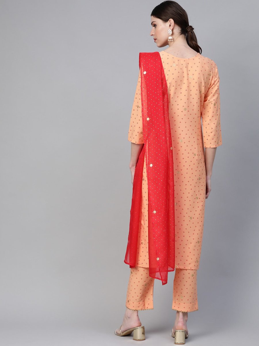 Ahalyaa Women Peach-Coloured & Red Screen Bandhani Printed Kurta with Trousers & Dupatta | Swadesiicart