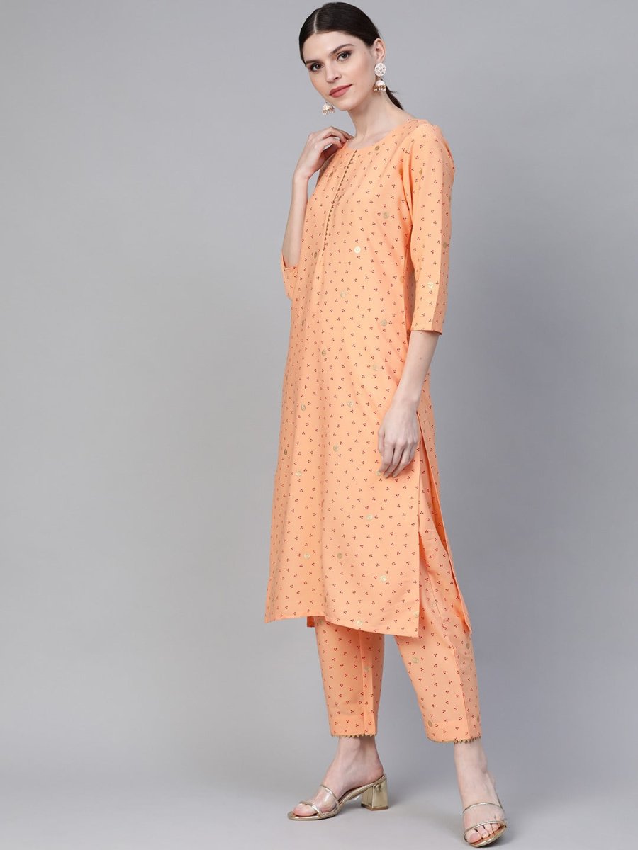 Ahalyaa Women Peach-Coloured & Red Screen Bandhani Printed Kurta with Trousers & Dupatta | Swadesiicart