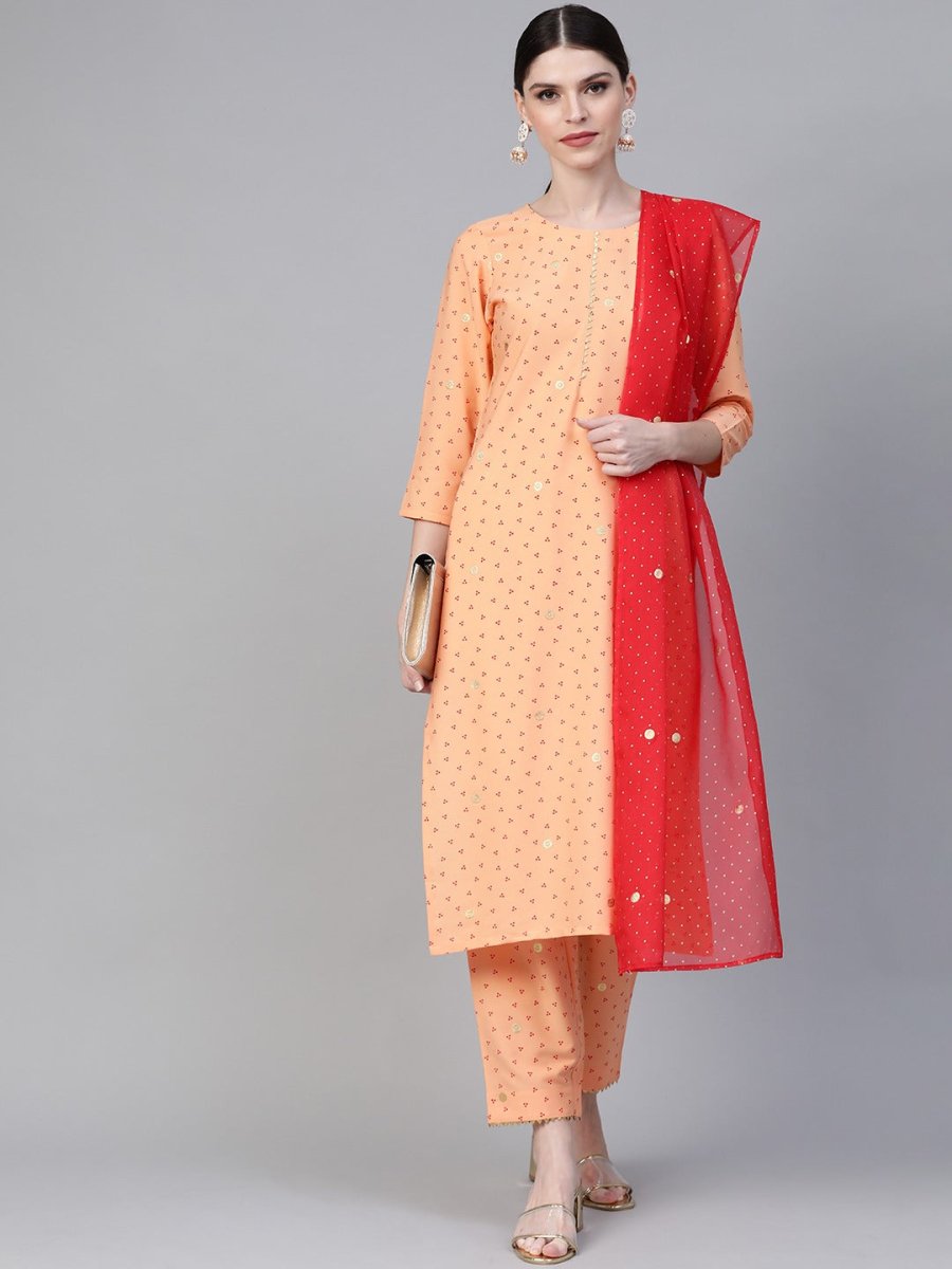 Ahalyaa Women Peach-Coloured & Red Screen Bandhani Printed Kurta with Trousers & Dupatta | Swadesiicart