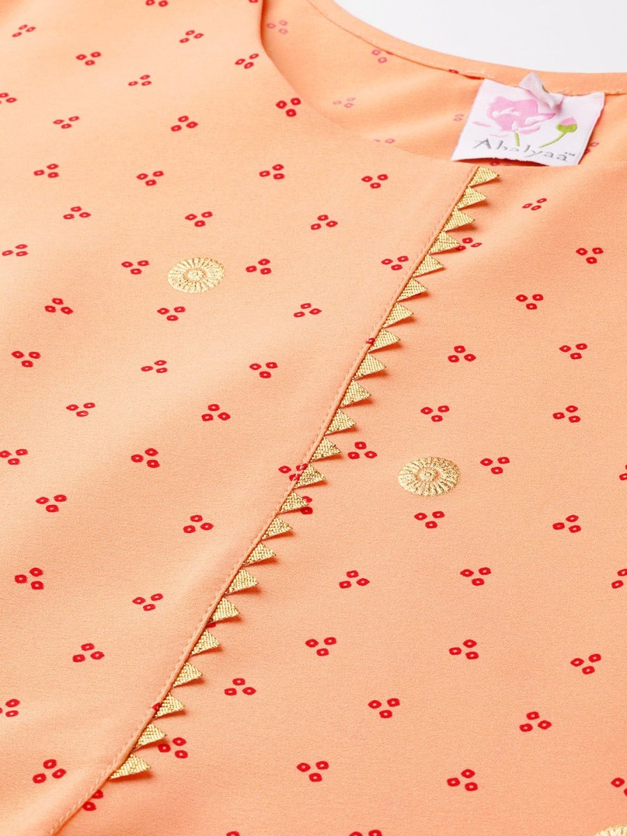 Ahalyaa Women Peach-Coloured & Red Screen Bandhani Printed Kurta with Trousers & Dupatta | Swadesiicart