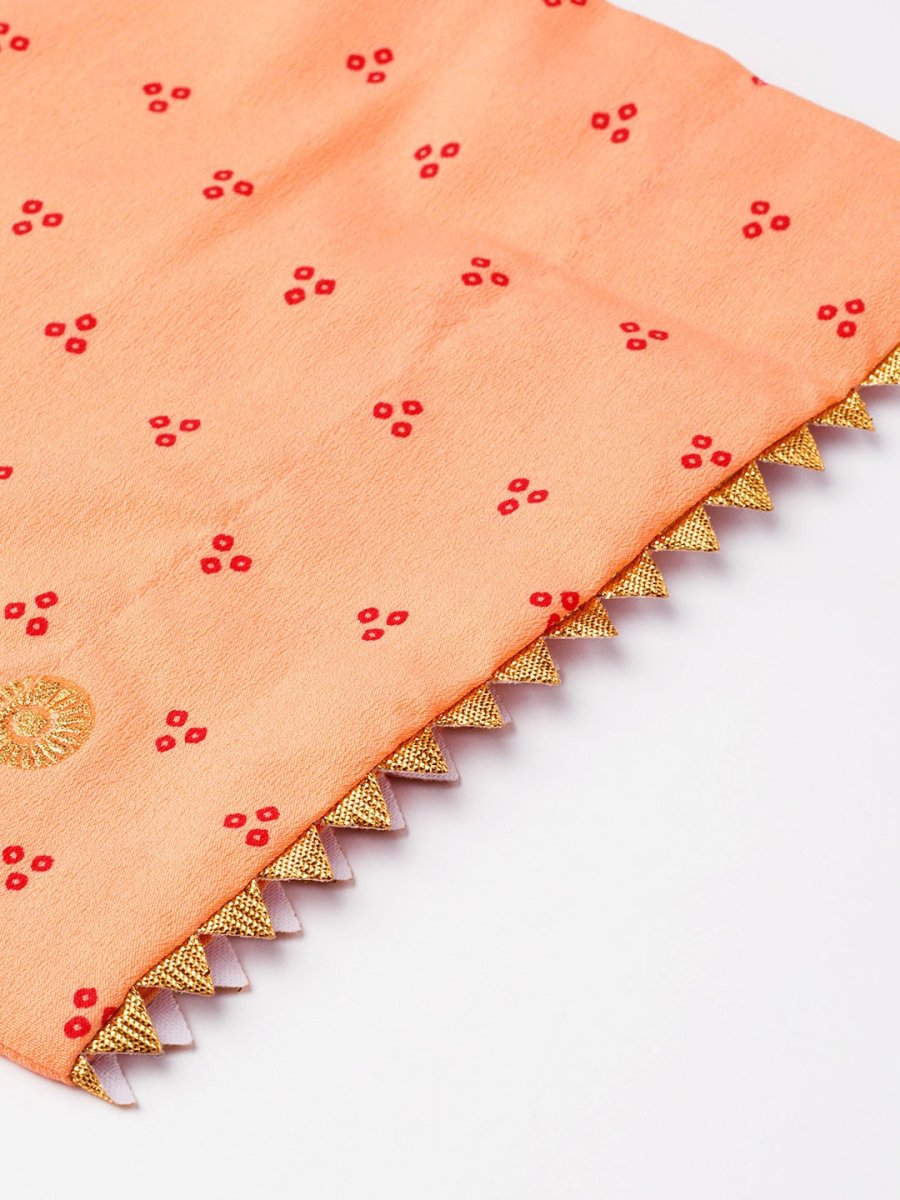 Ahalyaa Women Peach-Coloured & Red Screen Bandhani Printed Kurta with Trousers & Dupatta | Swadesiicart