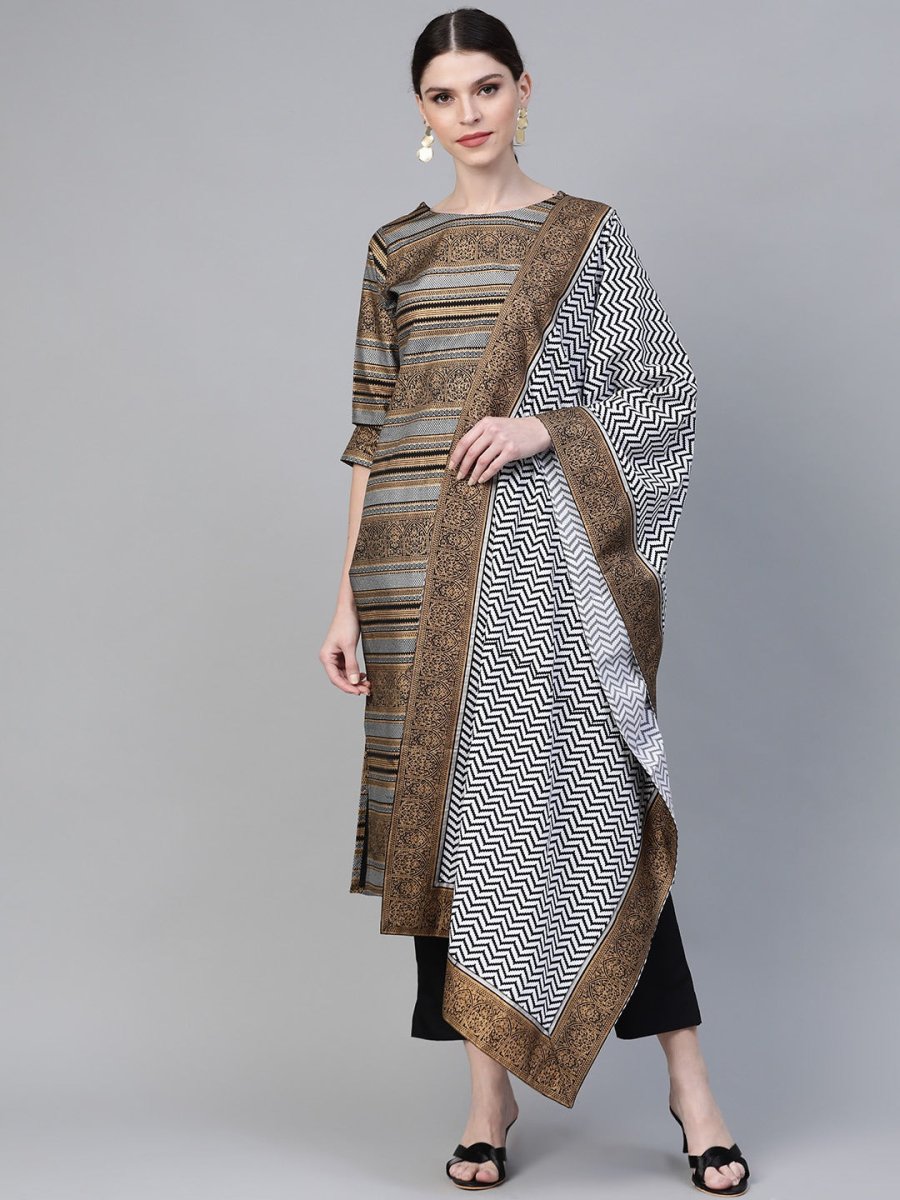 Ahalyaa Black & Golden Screen Printed Kurta with Trousers & Chevron Dupatta | Swadesiicart