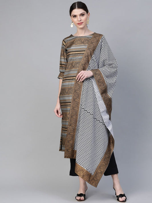 Ahalyaa Black & Golden Screen Printed Kurta with Trousers & Chevron Dupatta | Swadesiicart