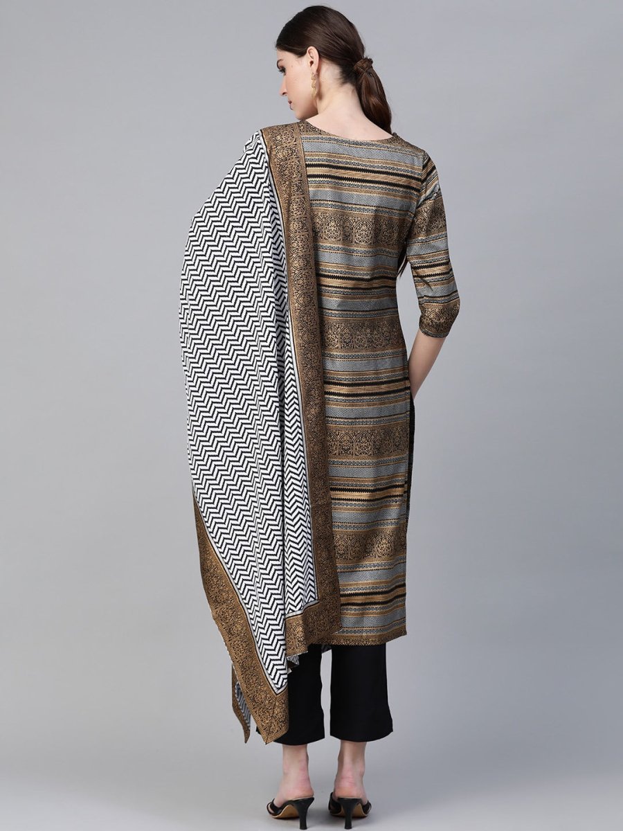 Ahalyaa Black & Golden Screen Printed Kurta with Trousers & Chevron Dupatta | Swadesiicart