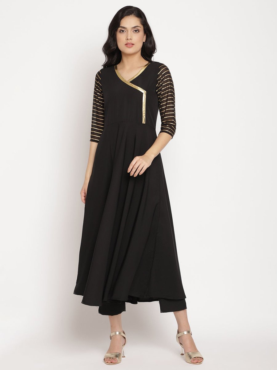 Ahalyaa Women Black Printed Angrakha Kurta With Trousers & Dupatta | Swadesiicart