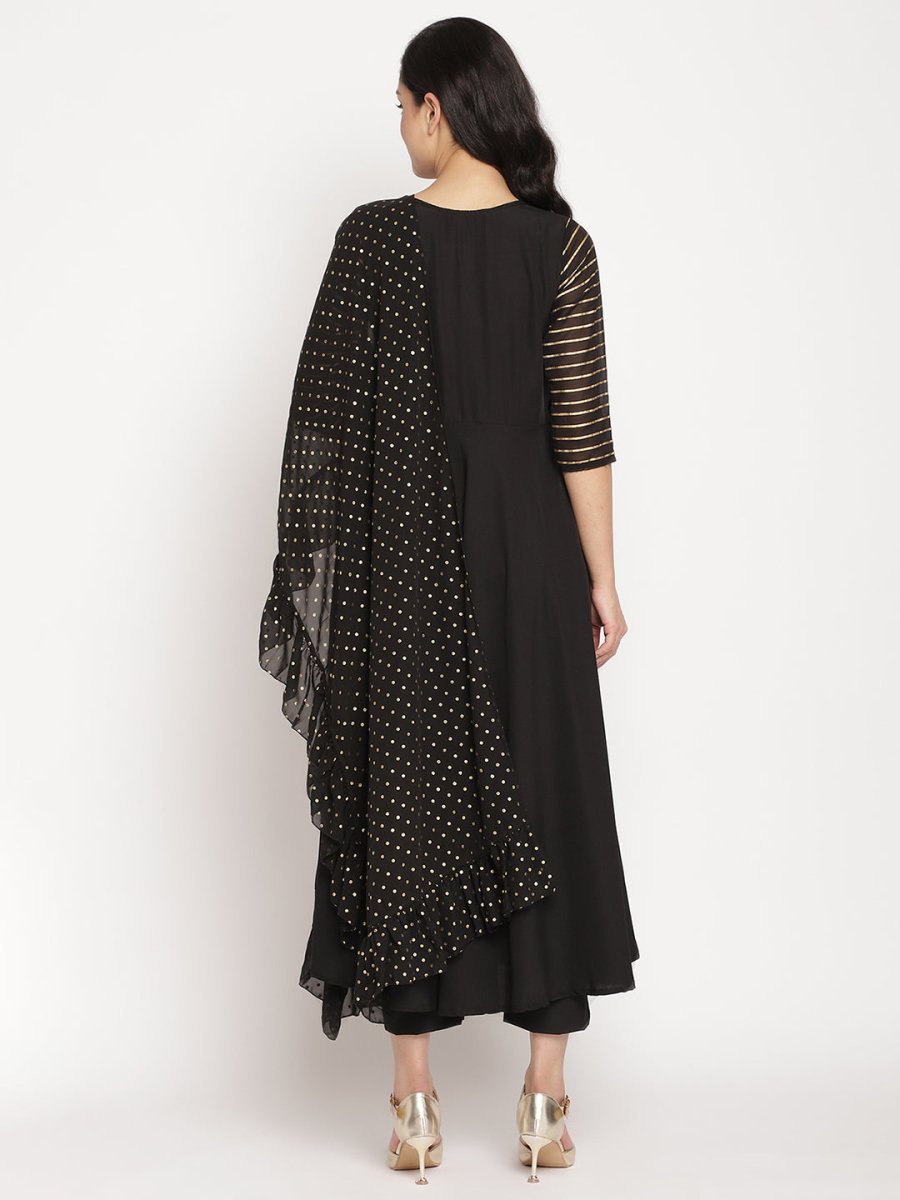 Ahalyaa Women Black Printed Angrakha Kurta With Trousers & Dupatta | Swadesiicart