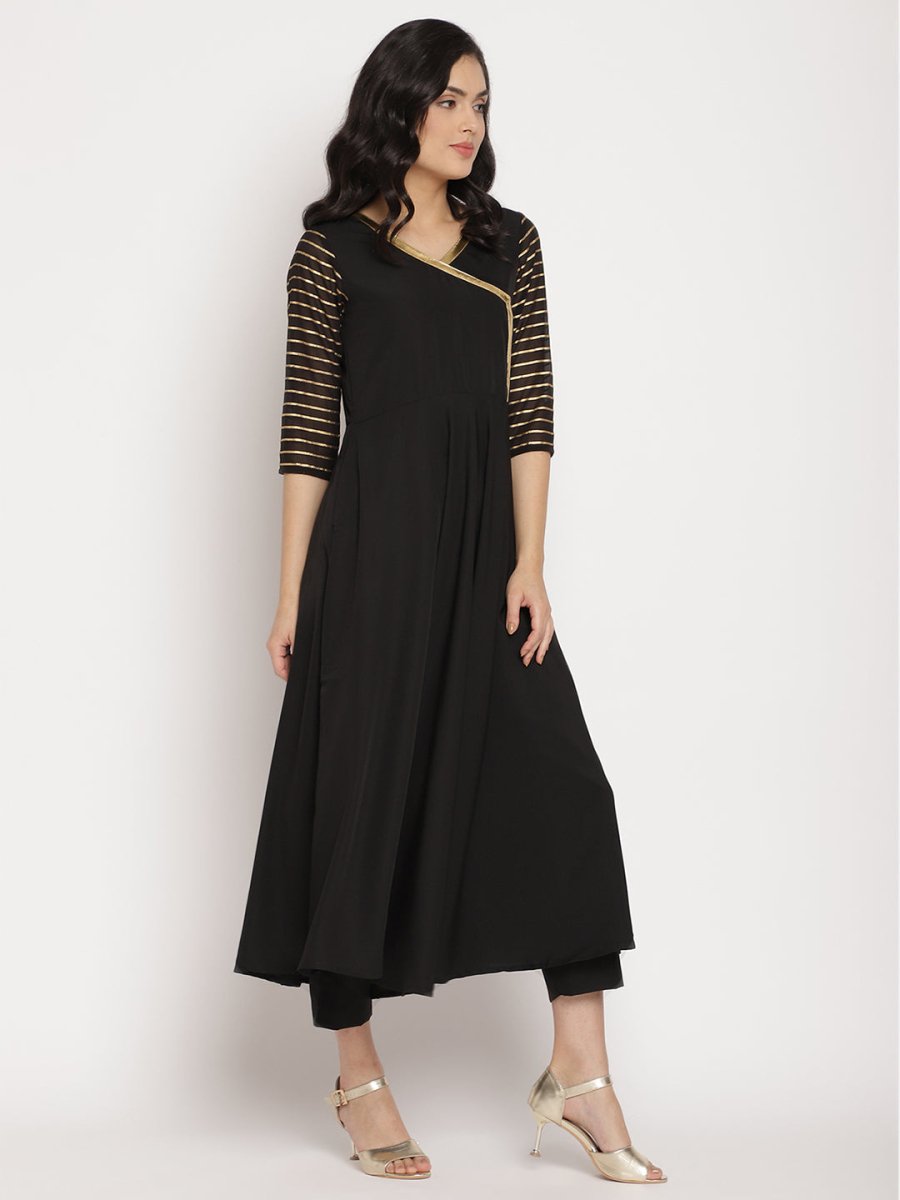 Ahalyaa Women Black Printed Angrakha Kurta With Trousers & Dupatta | Swadesiicart