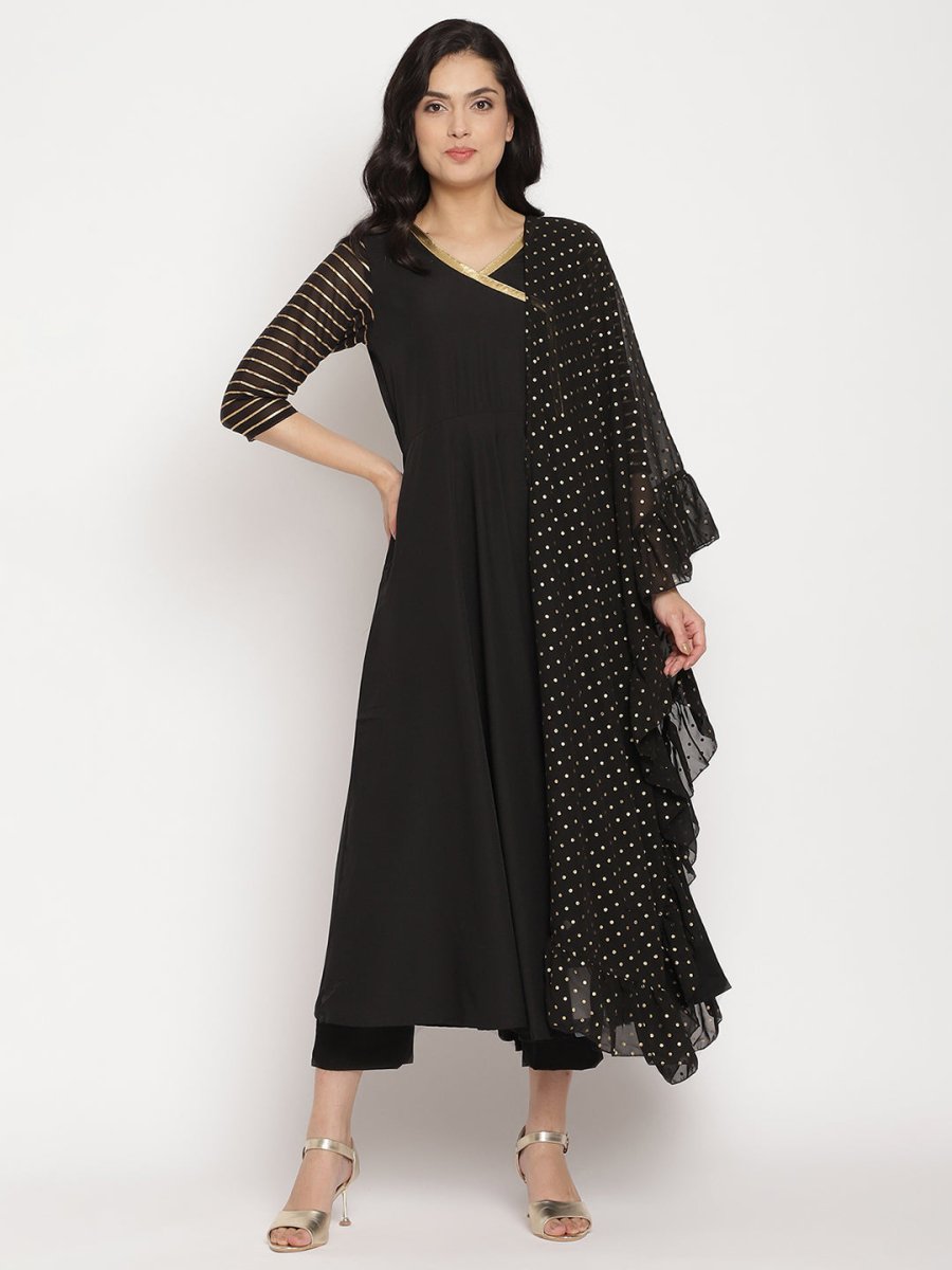 Ahalyaa Women Black Printed Angrakha Kurta With Trousers & Dupatta | Swadesiicart