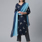 Ahalyaa Women Navy Blue Printed Regular Kurta With Trousers & Dupatta | Swadesiicart