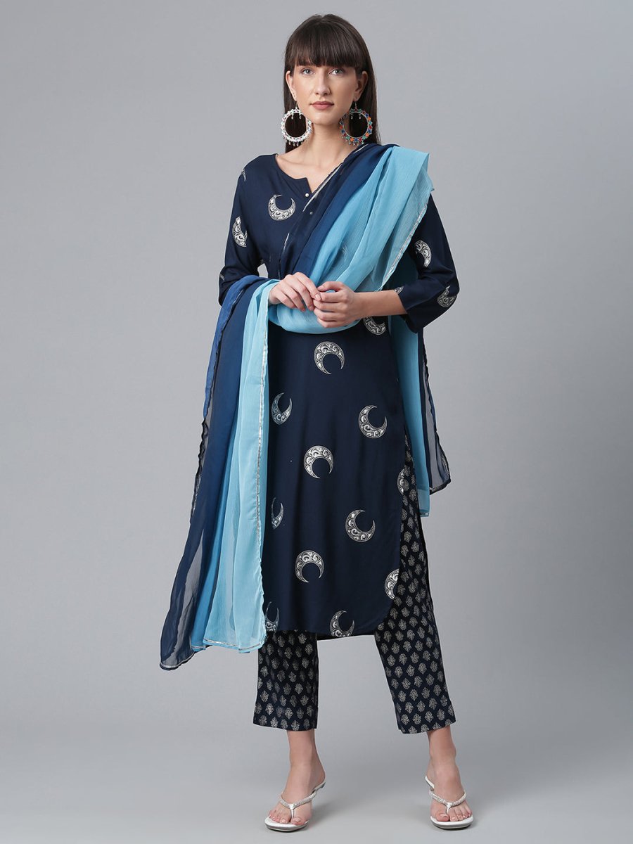 Ahalyaa Women Navy Blue Printed Regular Kurta With Trousers & Dupatta | Swadesiicart