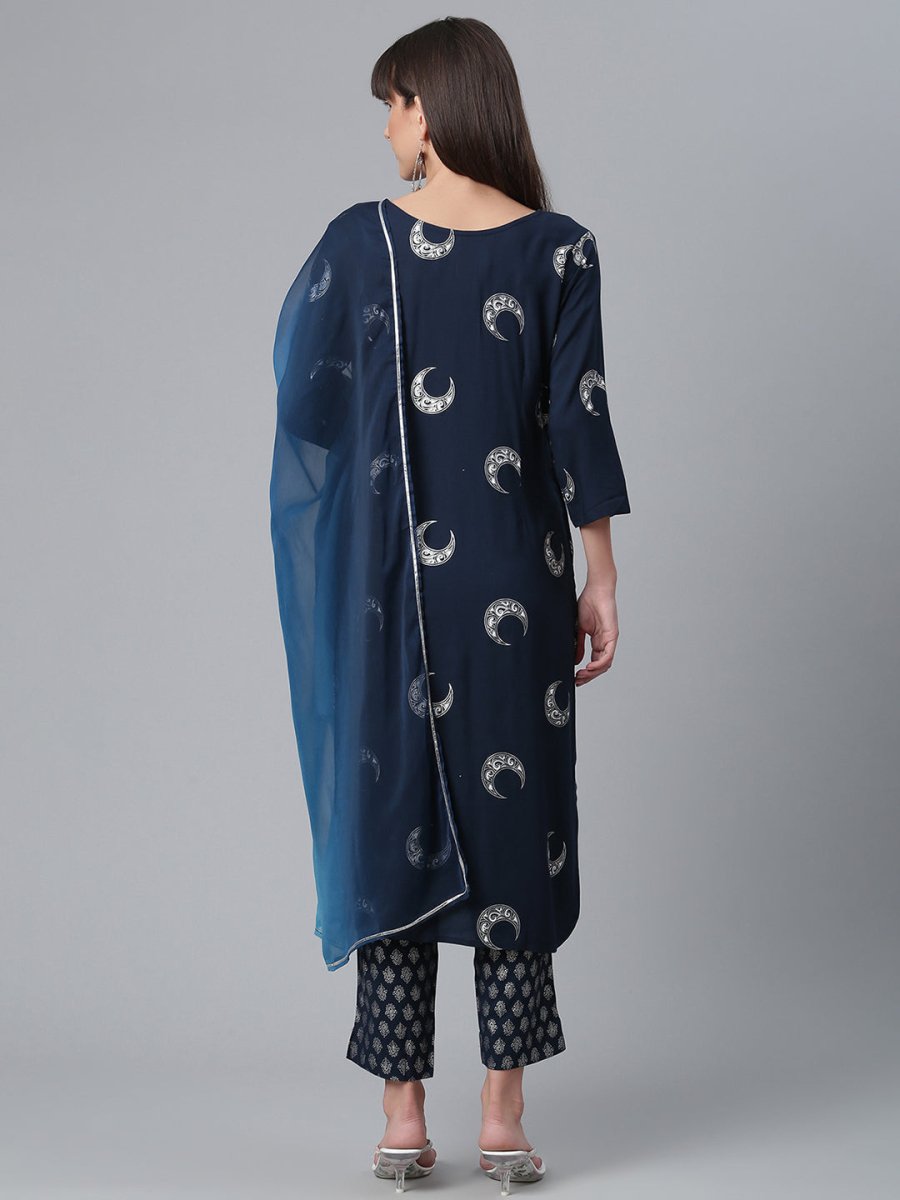 Ahalyaa Women Navy Blue Printed Regular Kurta With Trousers & Dupatta | Swadesiicart