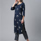 Ahalyaa Women Navy Blue Printed Regular Kurta With Trousers & Dupatta | Swadesiicart
