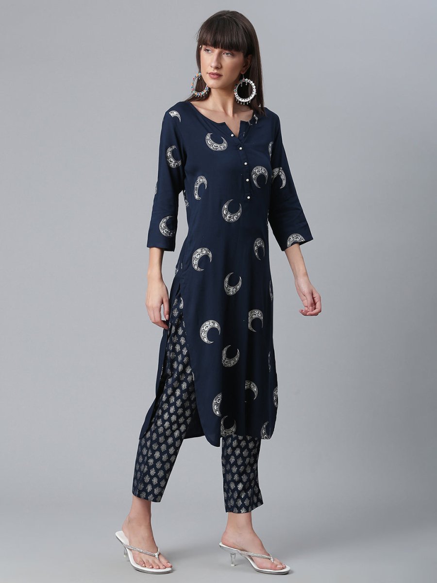 Ahalyaa Women Navy Blue Printed Regular Kurta With Trousers & Dupatta | Swadesiicart