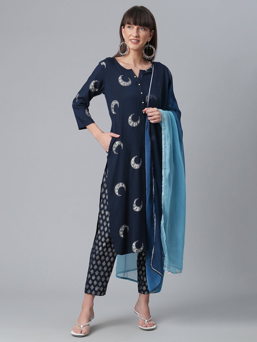 Ahalyaa Women Navy Blue Printed Regular Kurta With Trousers & Dupatta | Swadesiicart