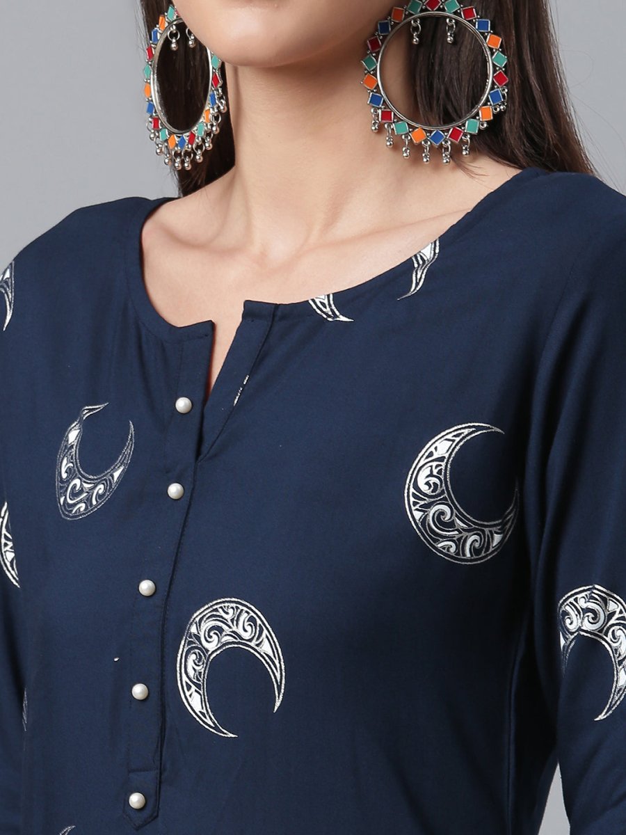 Ahalyaa Women Navy Blue Printed Regular Kurta With Trousers & Dupatta | Swadesiicart