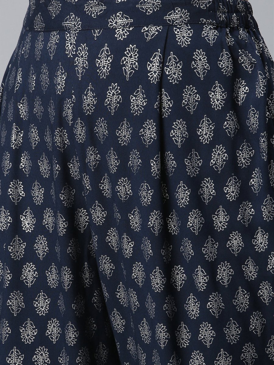 Ahalyaa Women Navy Blue Printed Regular Kurta With Trousers & Dupatta | Swadesiicart