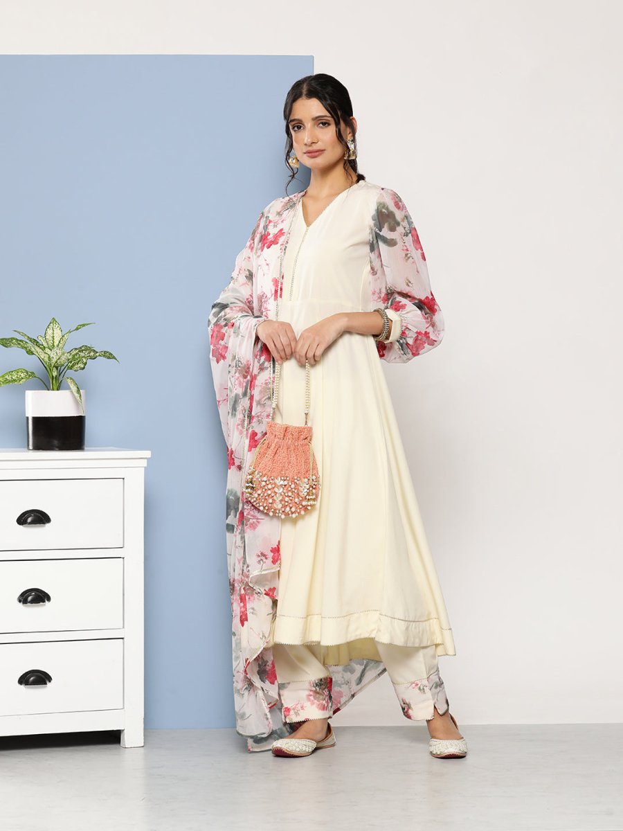Ahalyaa Women Off White Floral Empire Gotta Patti Kurta with Trousers & With Dupatta | Swadesiicart