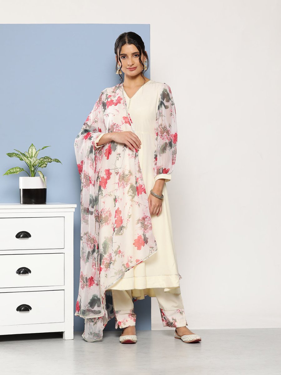 Ahalyaa Women Off White Floral Empire Gotta Patti Kurta with Trousers & With Dupatta | Swadesiicart