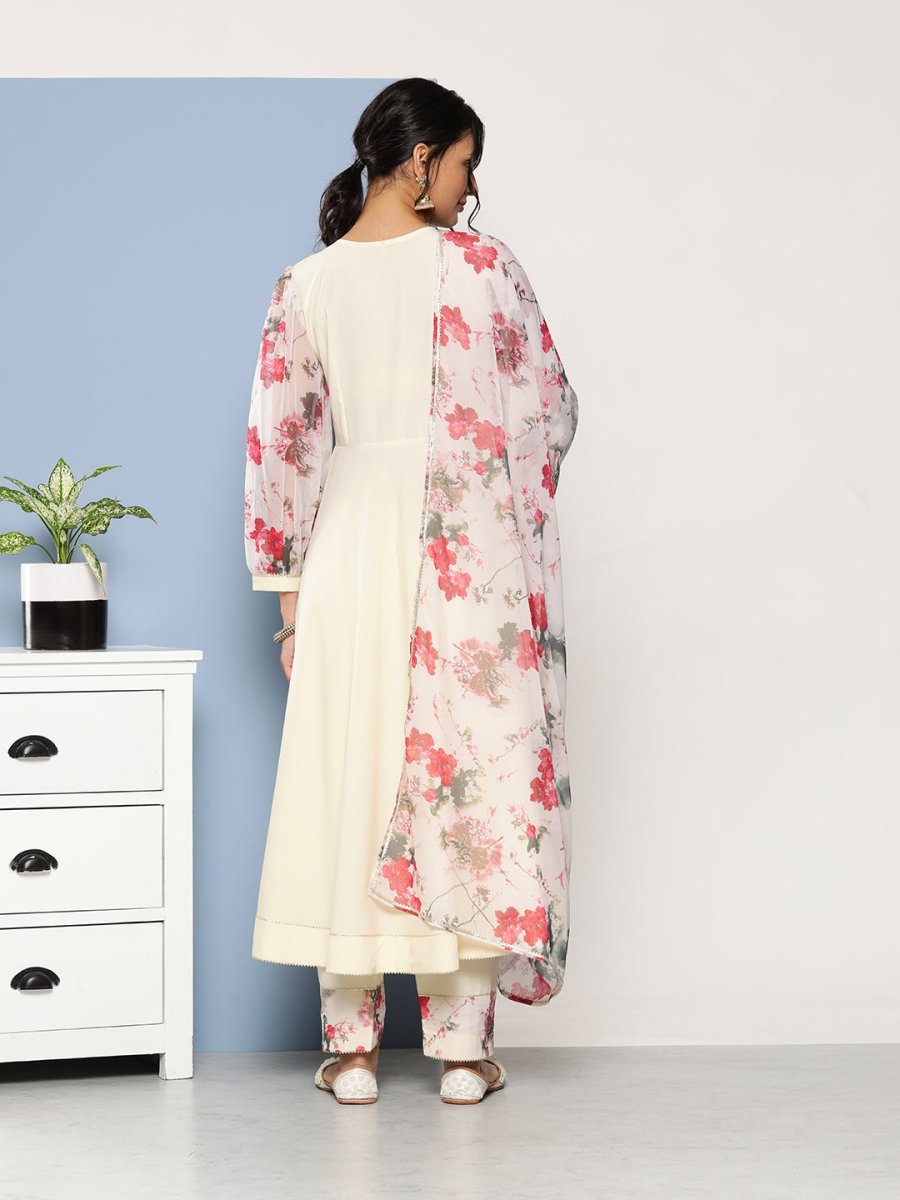 Ahalyaa Women Off White Floral Empire Gotta Patti Kurta with Trousers & With Dupatta | Swadesiicart