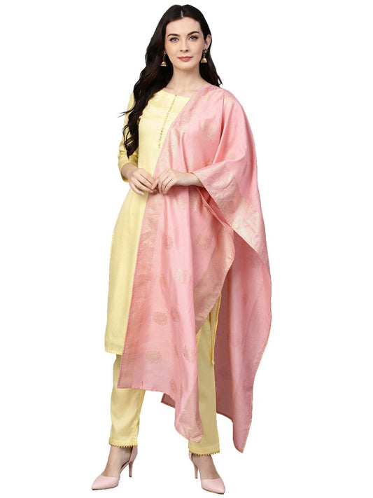 Ahalyaa Pastel Lemon & Pink Kurta Set For Women | Swadesiicart