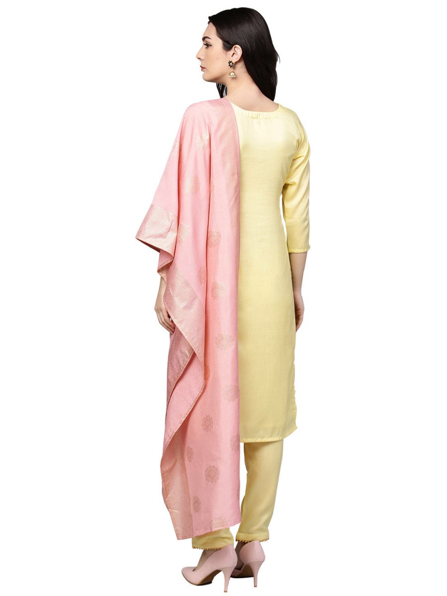 Ahalyaa Pastel Lemon & Pink Kurta Set For Women | Swadesiicart