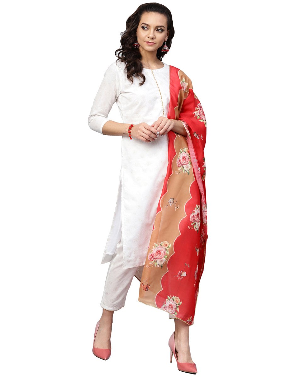 Ahalyaa White Straight Cotton Kurta Set | Swadesiicart