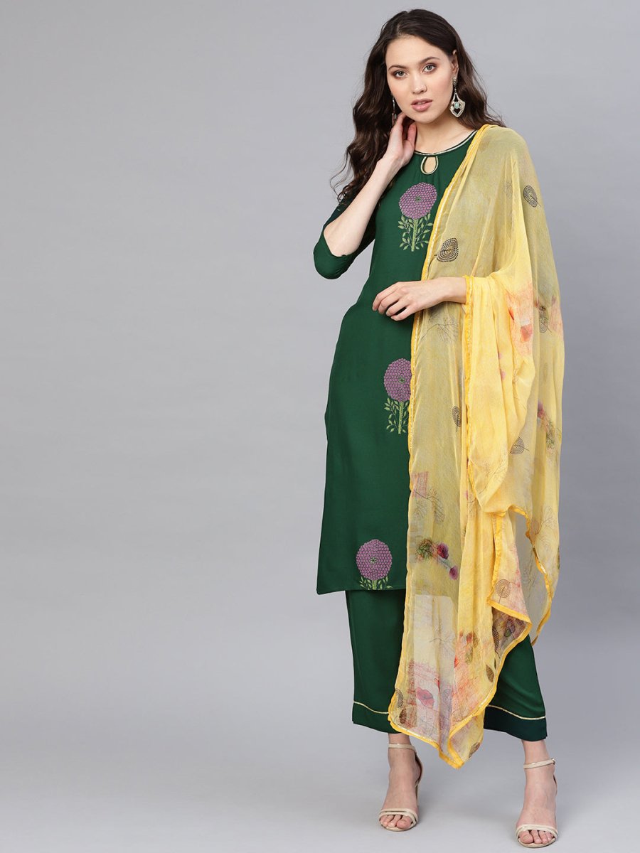 Ahalyaa Women Green & Yellow Printed Kurta With Trousers & Dupatta | Swadesiicart