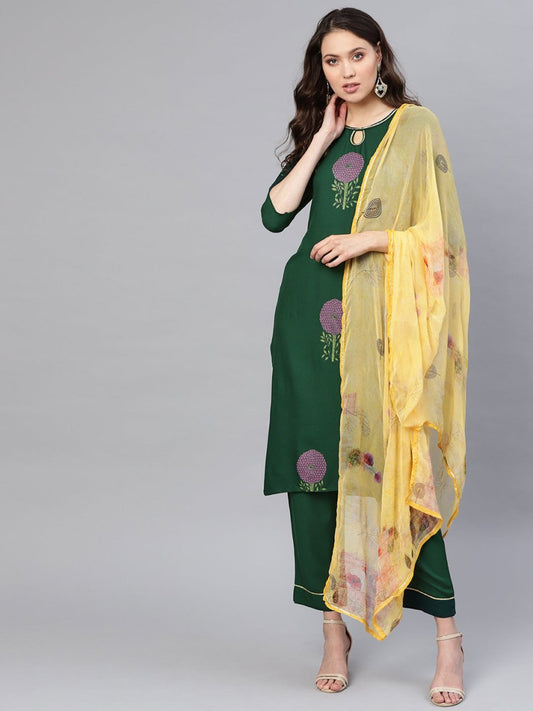 Ahalyaa Women Green & Yellow Printed Kurta With Trousers & Dupatta | Swadesiicart