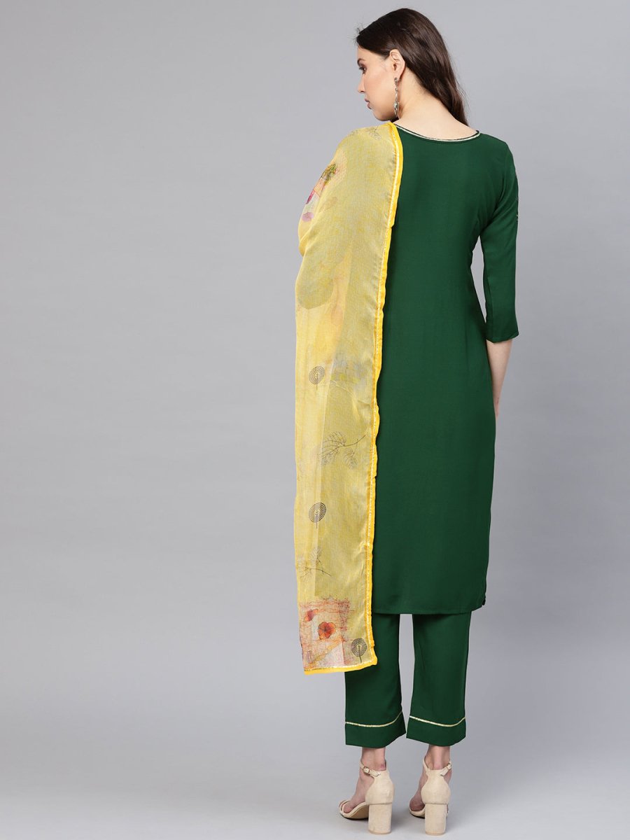 Ahalyaa Women Green & Yellow Printed Kurta With Trousers & Dupatta | Swadesiicart