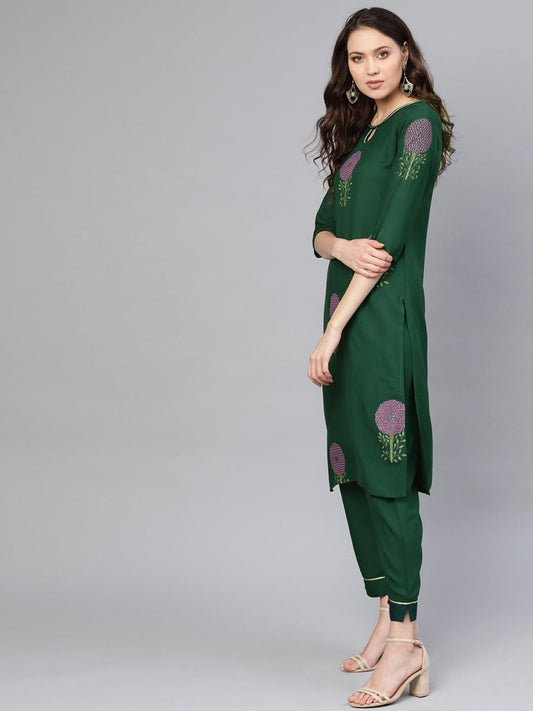 Ahalyaa Women Green & Yellow Printed Kurta With Trousers & Dupatta | Swadesiicart