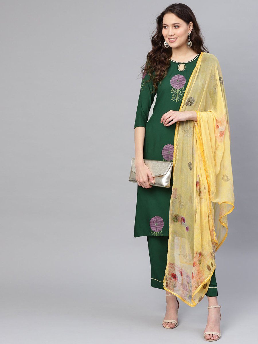 Ahalyaa Women Green & Yellow Printed Kurta With Trousers & Dupatta | Swadesiicart