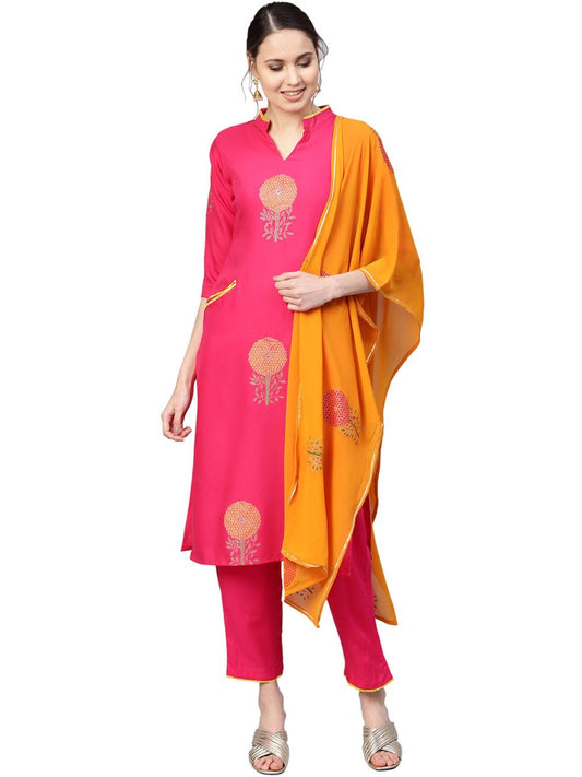 Ahalyaa Fuchsia Viscose Rayon Straight Kurta Set | Swadesiicart