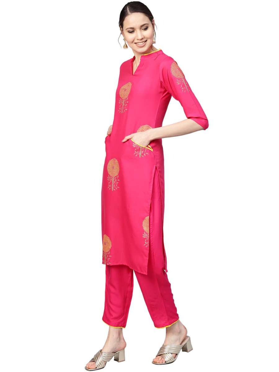 Ahalyaa Fuchsia Viscose Rayon Straight Kurta Set | Swadesiicart