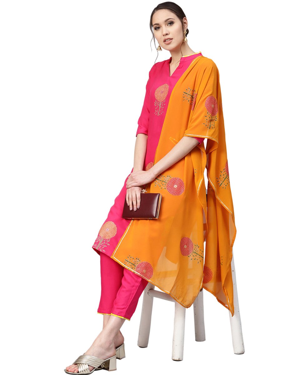 Ahalyaa Fuchsia Viscose Rayon Straight Kurta Set | Swadesiicart