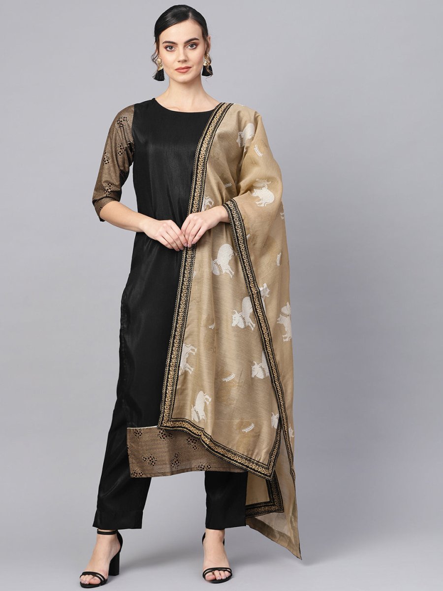 Ahalyaa Black Solid Kurta with Trousers & Dupatta | Swadesiicart