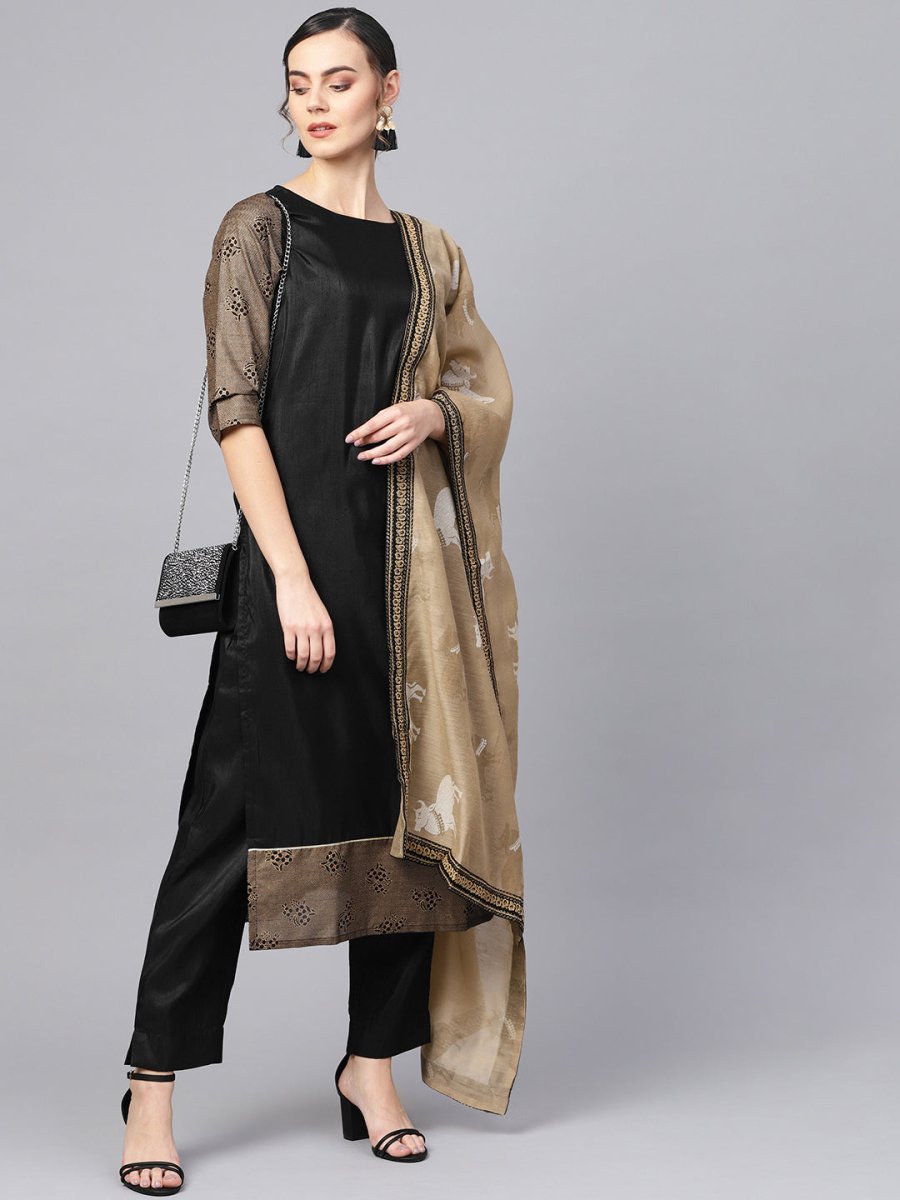 Ahalyaa Black Solid Kurta with Trousers & Dupatta | Swadesiicart