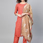 Ahalyaa Women Red & Golden Printed Kurta with Trousers & Dupatta | Swadesiicart