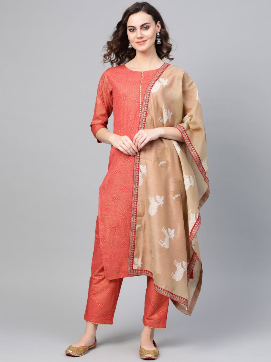 Ahalyaa Women Red & Golden Printed Kurta with Trousers & Dupatta | Swadesiicart