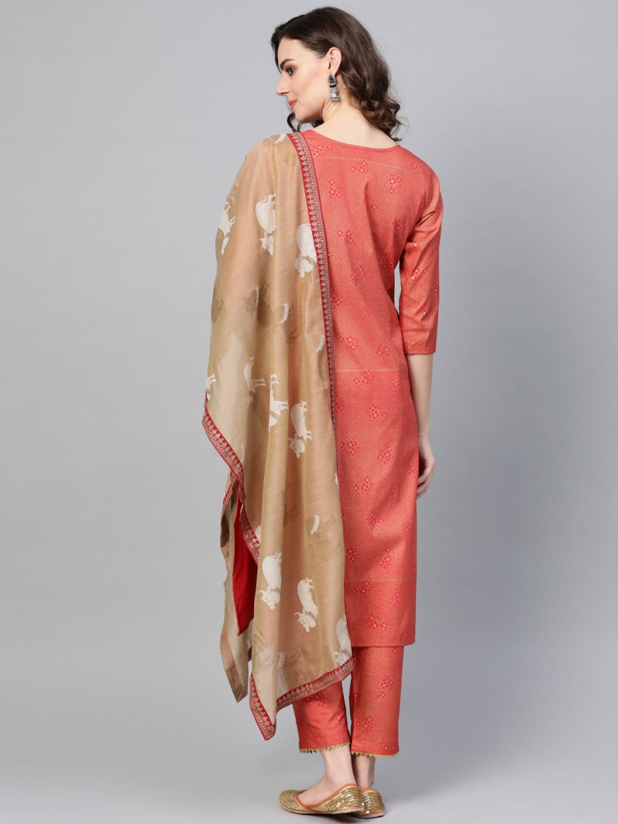 Ahalyaa Women Red & Golden Printed Kurta with Trousers & Dupatta | Swadesiicart