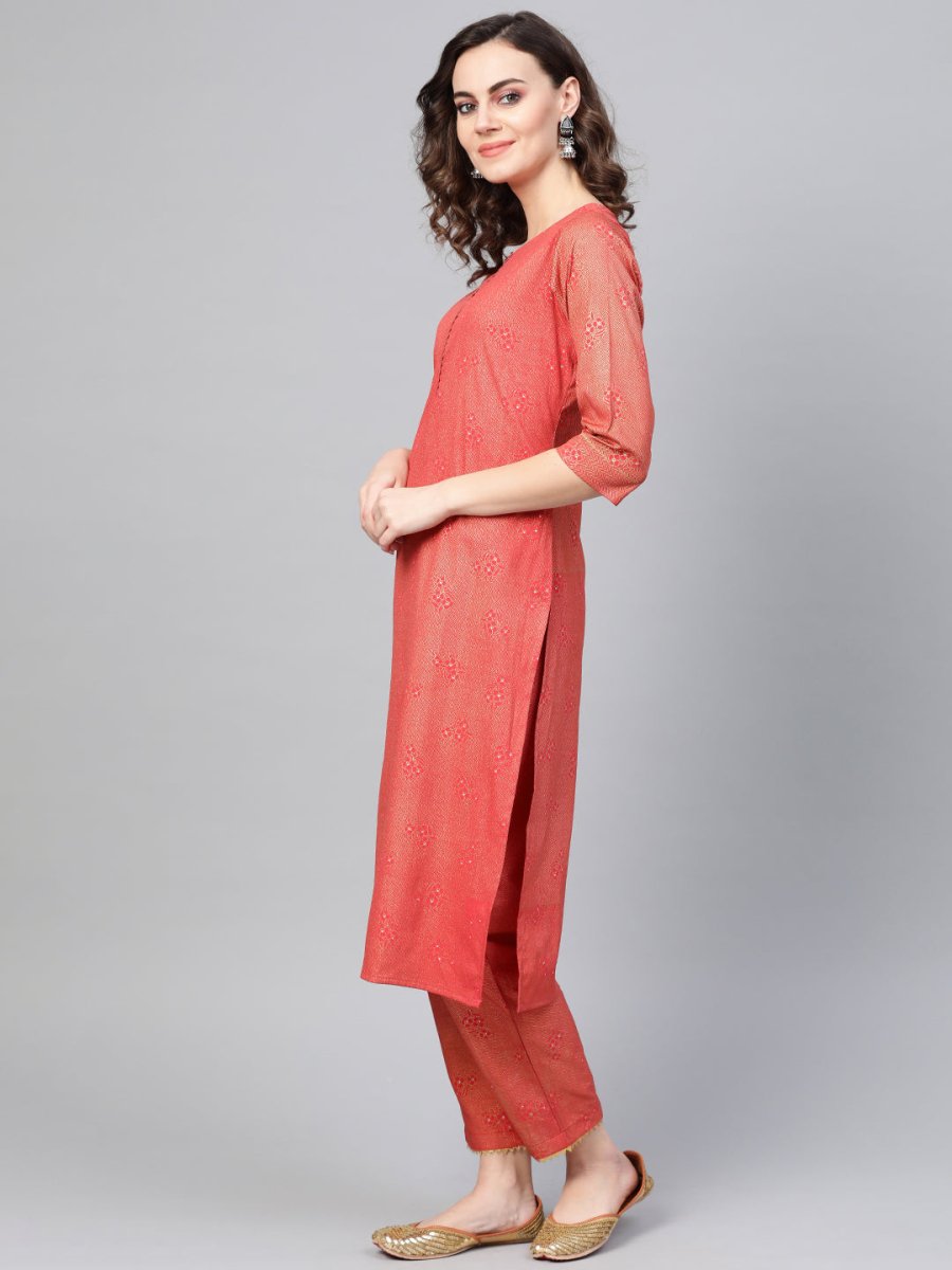 Ahalyaa Women Red & Golden Printed Kurta with Trousers & Dupatta | Swadesiicart