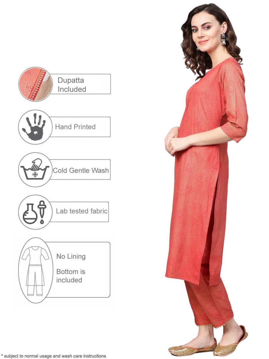 Ahalyaa Women Red & Golden Printed Kurta with Trousers & Dupatta | Swadesiicart