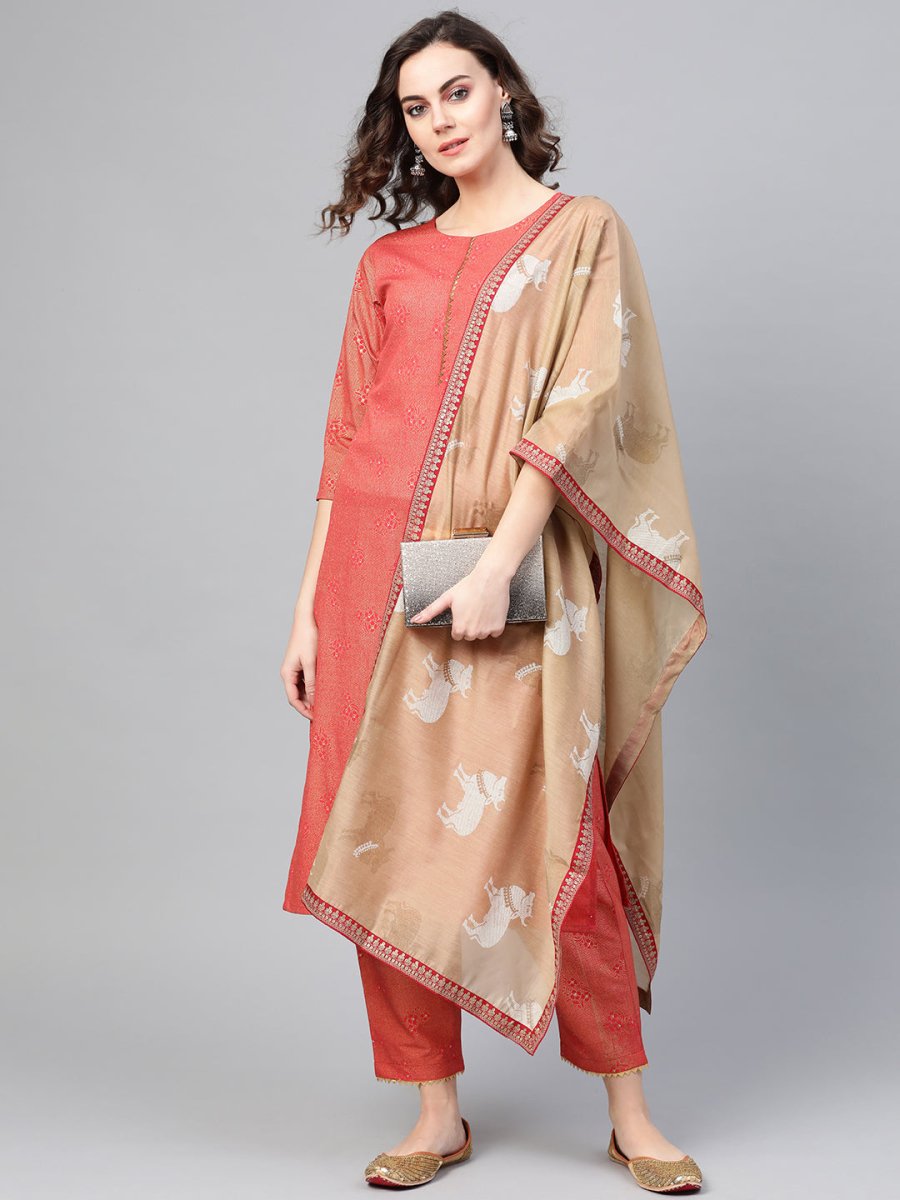 Ahalyaa Women Red & Golden Printed Kurta with Trousers & Dupatta | Swadesiicart