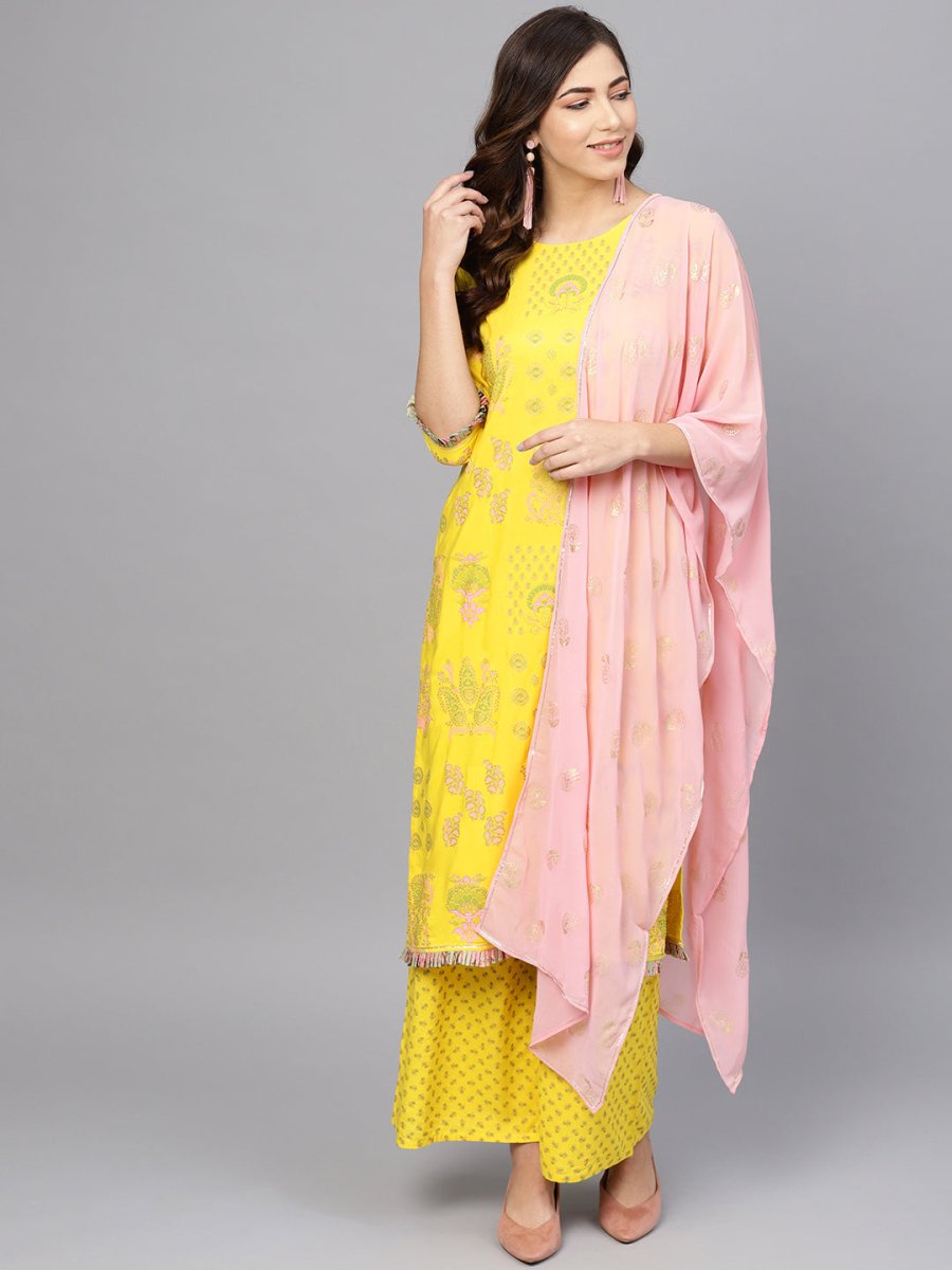 Ahalyaa Women Yellow & Pink Printed Kurta with Palazzos & Dupatta | Swadesiicart