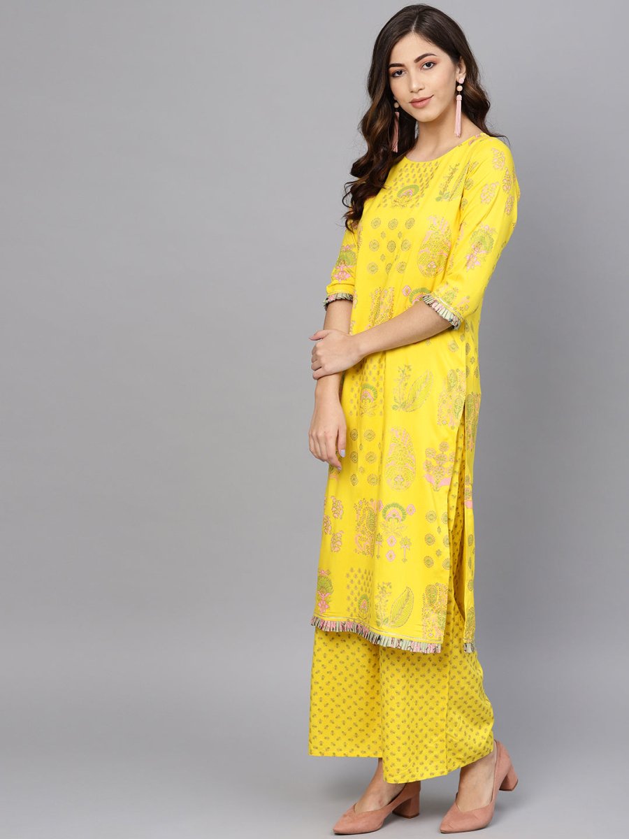 Ahalyaa Women Yellow & Pink Printed Kurta with Palazzos & Dupatta | Swadesiicart