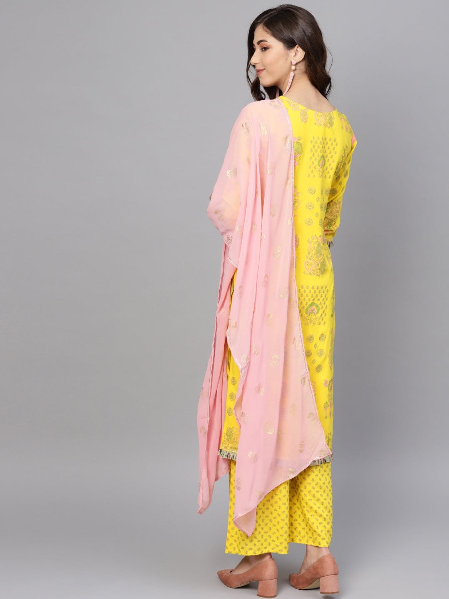 Ahalyaa Women Yellow & Pink Printed Kurta with Palazzos & Dupatta | Swadesiicart
