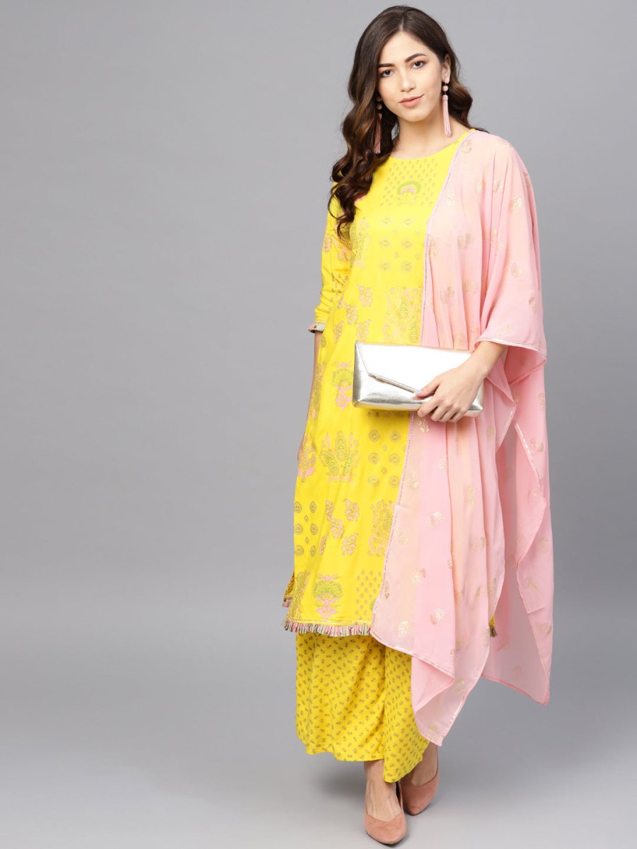 Ahalyaa Women Yellow & Pink Printed Kurta with Palazzos & Dupatta | Swadesiicart