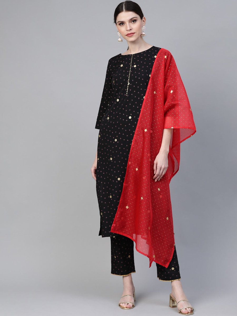 Ahalyaa Black & Pink Bandhani Khari Printed Kurta with Trousers & Dupatta | Swadesiicart